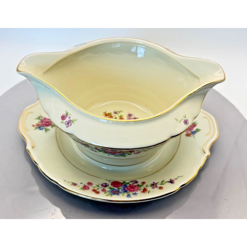 Victoria Czech China Gravy Boat with Saucer Floral Gilt VIT 205 Vintage